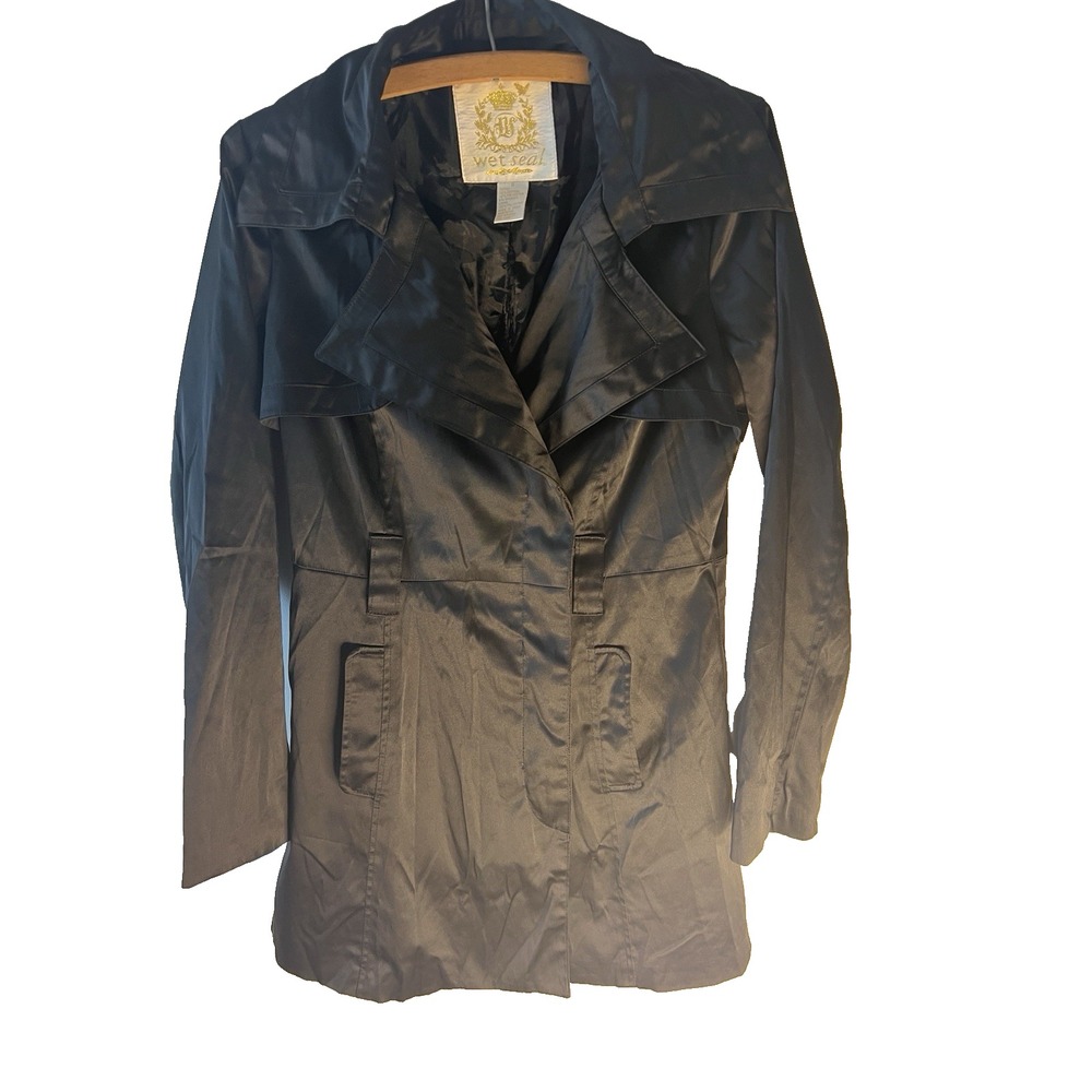 Vtg Y2K Wet Seal Women Black S Trench Coat Jacket Preppy Friends City Goth